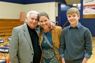 Andrea Kirkpatrick and a student from Oakland Middle School with author and Holocaust survivor Ben Fainer