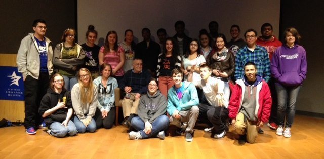 Students in Jane Luethge's class in Nebraska with Holocaust survivor Lou Leviticus at the Strategic Air and Space Museum.